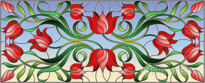 插图在彩色玻璃样式与花, 叶子和红色郁金香的芽在蓝色背景, 对称图像, 水平方向