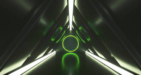 三角科幻未来走廊与绿色圈子光在中心。3d 渲染插图