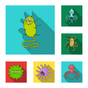 类型的有趣的微生物平面图标集合中的设计。微生物病原体载体标志物网插图