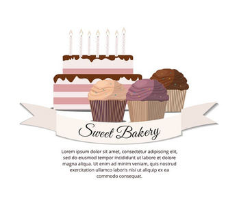 甜甜的蛋糕面包店和蛋糕与蜡烛, 甜店矢量插图