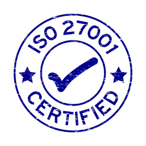 白色背景的垃圾蓝色 Iso 27001 认证圆橡皮印章印章