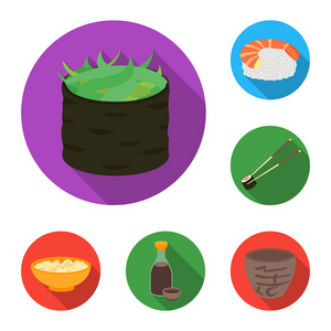 寿司和调味料平面图标集的设计。海鲜食品, 辅助向量符号股票网站插图