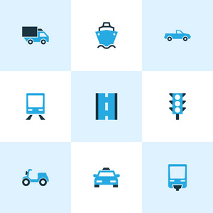 运输图标彩色设置与交通灯, 货物, 电车和其他滑板车元素。独立矢量插图装运图标