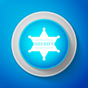 白色六角警长星图标在蓝色背景被隔绝。警长徽章标志。圆圈蓝色按钮与白色线。矢量插图