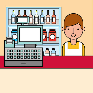 超市收银机模型收银机和收银机和货架超市卡通照片