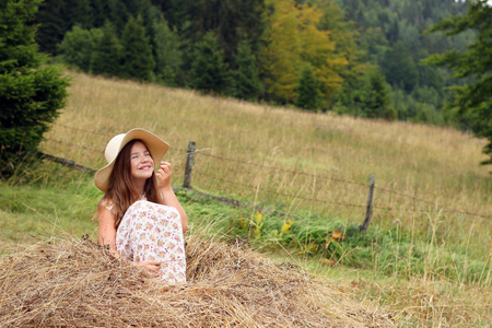 愉快的小女孩坐在干草夏天季节