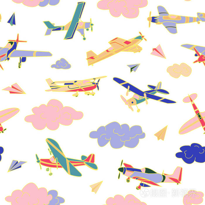 复古的飞机在不同的时尚色彩无缝模式.平面设计插图.好颜色.