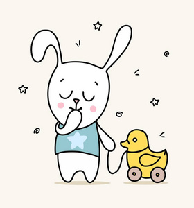 小可爱的兔子男孩与黄色橡胶鸭子玩具.卡通矢量扁动物插画卡照片