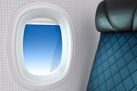 3d. 在蓝天背景下用修剪路径绘制白色开放飞机窗口的特写镜头