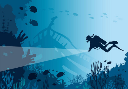 水肺潜水员的剪影与灯笼和珊瑚礁与鱼在蓝色的海。向量自然例证。海洋水下生活