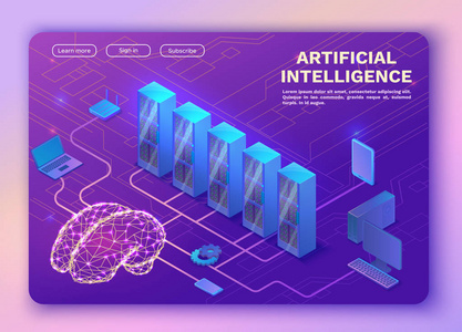 人工智能概念与电大脑和神经网络, 等距3d 例证与智能手机, 手提电脑, 移动小工具, 现代数据存贮横幅, 着陆页背景
