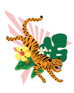 白色背景上的老虎和热带花朵, 插图照片