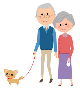 老夫妇, 步行与狗说明一对年长夫妇遛狗