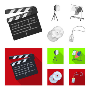 电影, 光盘和其他设备为电影院。制作电影在单色平面式矢量符号股票插图网中设置集合图标
