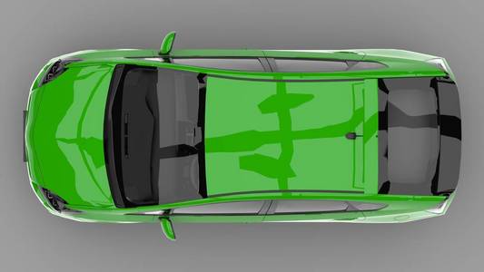 现代家庭混合动力车绿色的灰色背景与地面上的阴影。3d 渲染