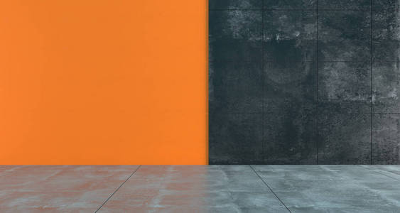 高对比度空房间与橙色和黑暗的混凝土墙壁简约概念. 3 d 渲染例证