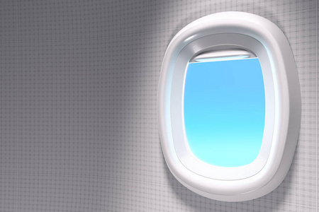 3d. 用修剪路径在蓝天背景下绘制白色开放飞机窗口的特写镜头