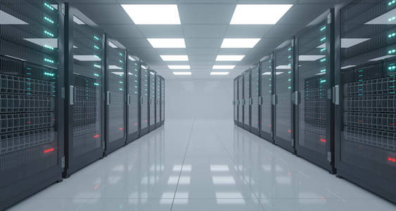 大型高科技服务器数据中心, 具有反光地板和大量服务器。3d 渲染插图