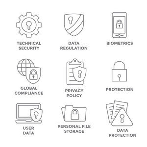 Gdpr 和隐私政策图标设置锁, 挂锁和盾牌