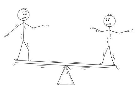 卡通的两个商人站在跷跷板和试图平衡。团队合作理念
