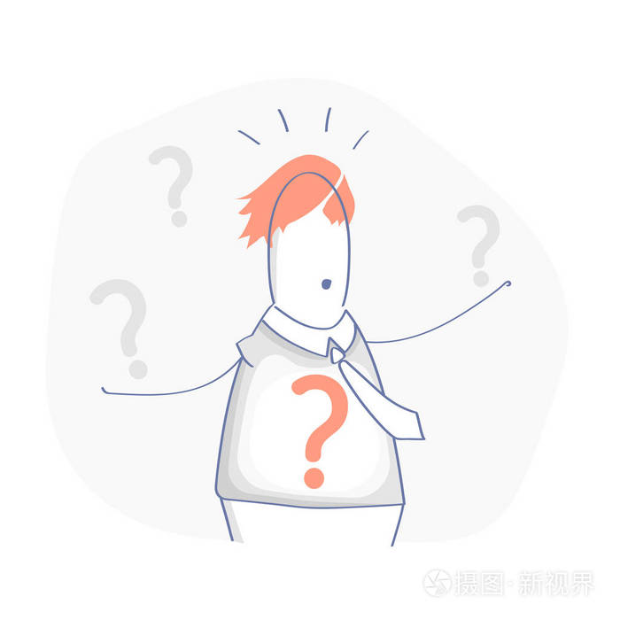卡通人物在怀疑, 他惊奇, 有问题, 并围绕问号.