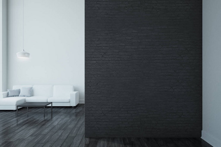 现代客厅内部有家具和复制的速度在砖墙上。模拟, 3d 渲染