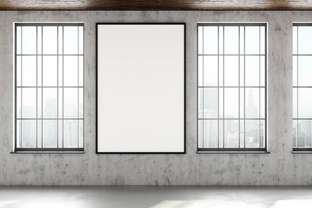 现代内部与空的广告牌框架在墙壁, 窗口和模糊的城市看法。模拟, 3d 渲染