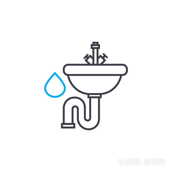 供水系统矢量细线描边图标.给水系统轮廓图,线性符号,符号概念