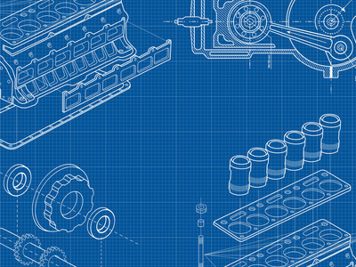 技术蓝色背景与图纸的细节和机制。发动机线绘制背景。矢量插图