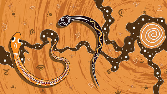土著艺术矢量画与蛇。基于景观背景的原住民风格插图