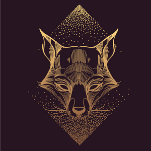 狐狸标志, 图腾金色轮廓图案紫色背景 t恤设计照片