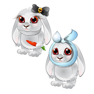健康和病态可爱的兔子被隔离在白色背景。矢量卡通特写插图
