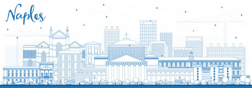 概述那不勒斯意大利城市天际线与蓝色建筑。矢量插图。商务旅游和旅游理念与现代建筑。那不勒斯城市景观与地标