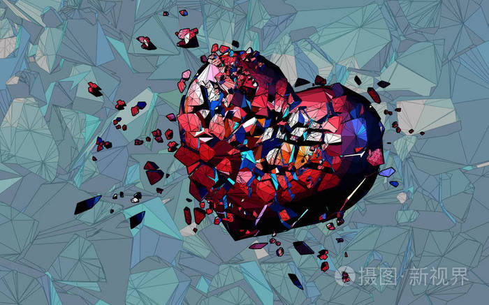 红色多边形破碎的心与漫画艺术风格粉碎bg