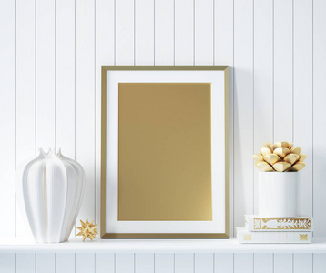 模拟金色海报框架在室内背景与装饰, 3d 渲染