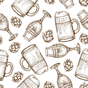 矢量手工绘制的啤酒玻璃杯无缝图案。啤酒花和小麦。在白色背景下被隔离。餐厅模板的图形纹理。餐厅, 酒吧, 酒吧, 啤酒节