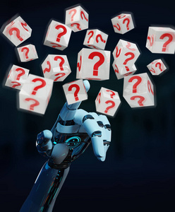 白色机器人手在模糊的背景使用数字问号3d 渲染