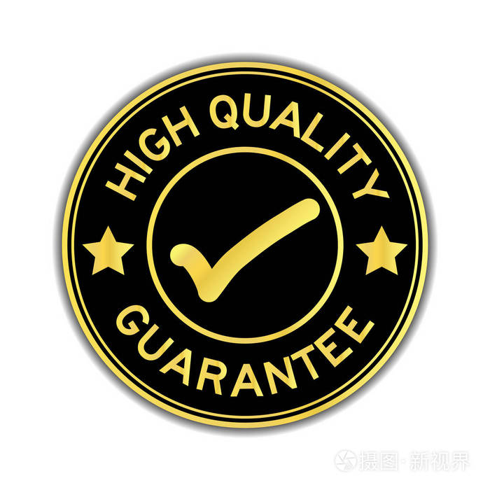 黑色和金色的高品质保证与标记图标圆形印章贴纸在白色背景上