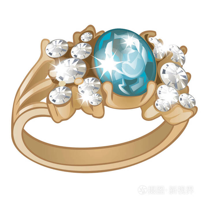 镶有蓝色蓝宝石和白色背景的钻石的独家戒指.精品首饰的实例.矢量插图