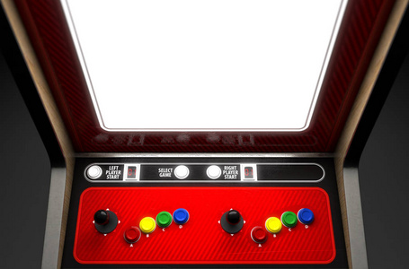 在一个独立的背景上,一个老式街机游戏机的空白屏幕特写3d渲染