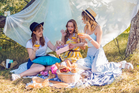 一群女孩朋友在户外做野餐。他们有乐趣