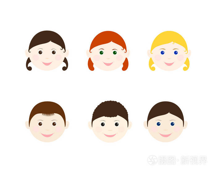 儿童头儿童的面孔男孩和女孩的头被隔绝在白色背景矢量插图
