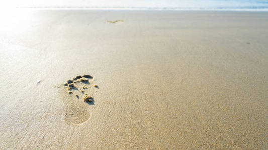 选择焦点, 足迹的人跑到热带海滩在夏季的日落时间