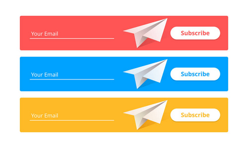 现在订阅我们的新闻稿输入表单集。用户体验设计表单模板与文本框和订阅按钮模板与纸飞机在不同的 backgrouns