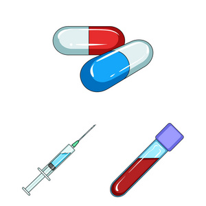 药物和治疗卡通图标集合中的设计。药品和设备矢量符号库存 web 插图