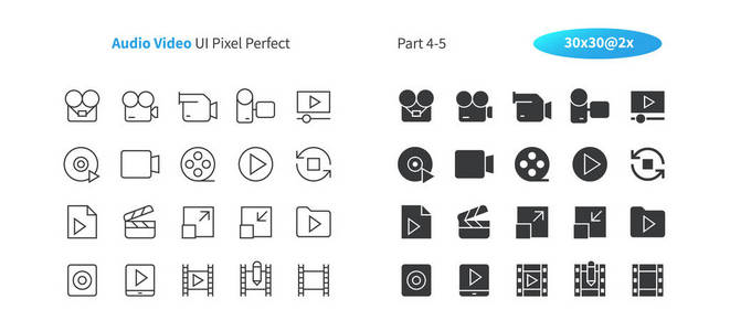 音频视频 Ui 像素完美的精心制作的矢量细线和实心图标 30 2x 网格为 Web 图形和应用程序。简单最小象形文字
