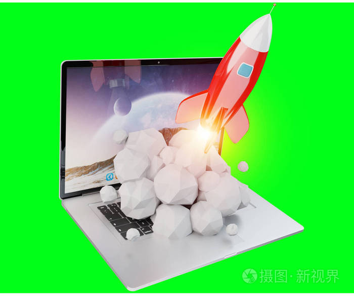 在绿色背景3d 渲染的笔记本电脑上发射的火箭