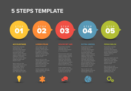 矢量五步进度模板, 带有描述和图标深色版本
