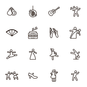 舞蹈标志黑色细线图标集.向量照片