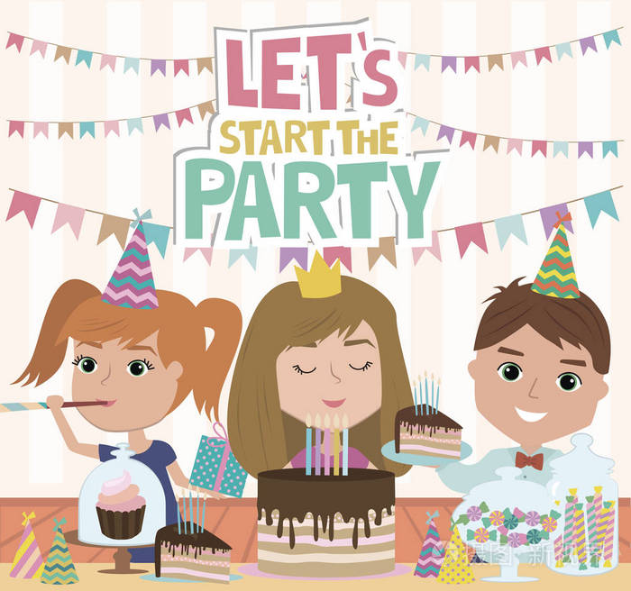 儿童聚会海报与有趣的卡通人物宴会请柬或贺卡可编辑矢量插图